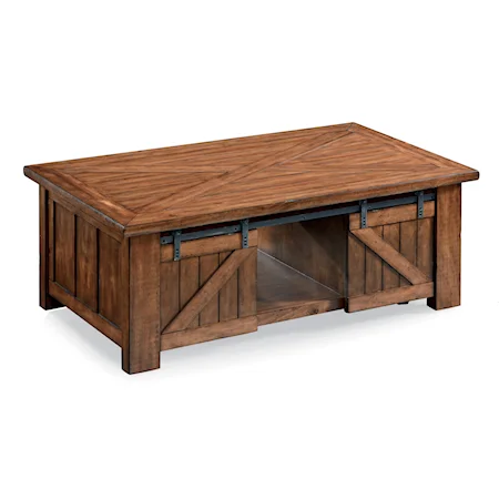 Country Industrial Rectangular Lift Top Cocktail Table with Casters and Sliding Barn Door Hardware